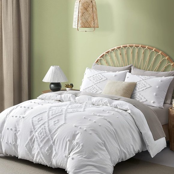 NEW Boho White Tufted Style Jungalow Bohemian KING 3PC DUVET Cover Bedding SET - Picture 1 of 6